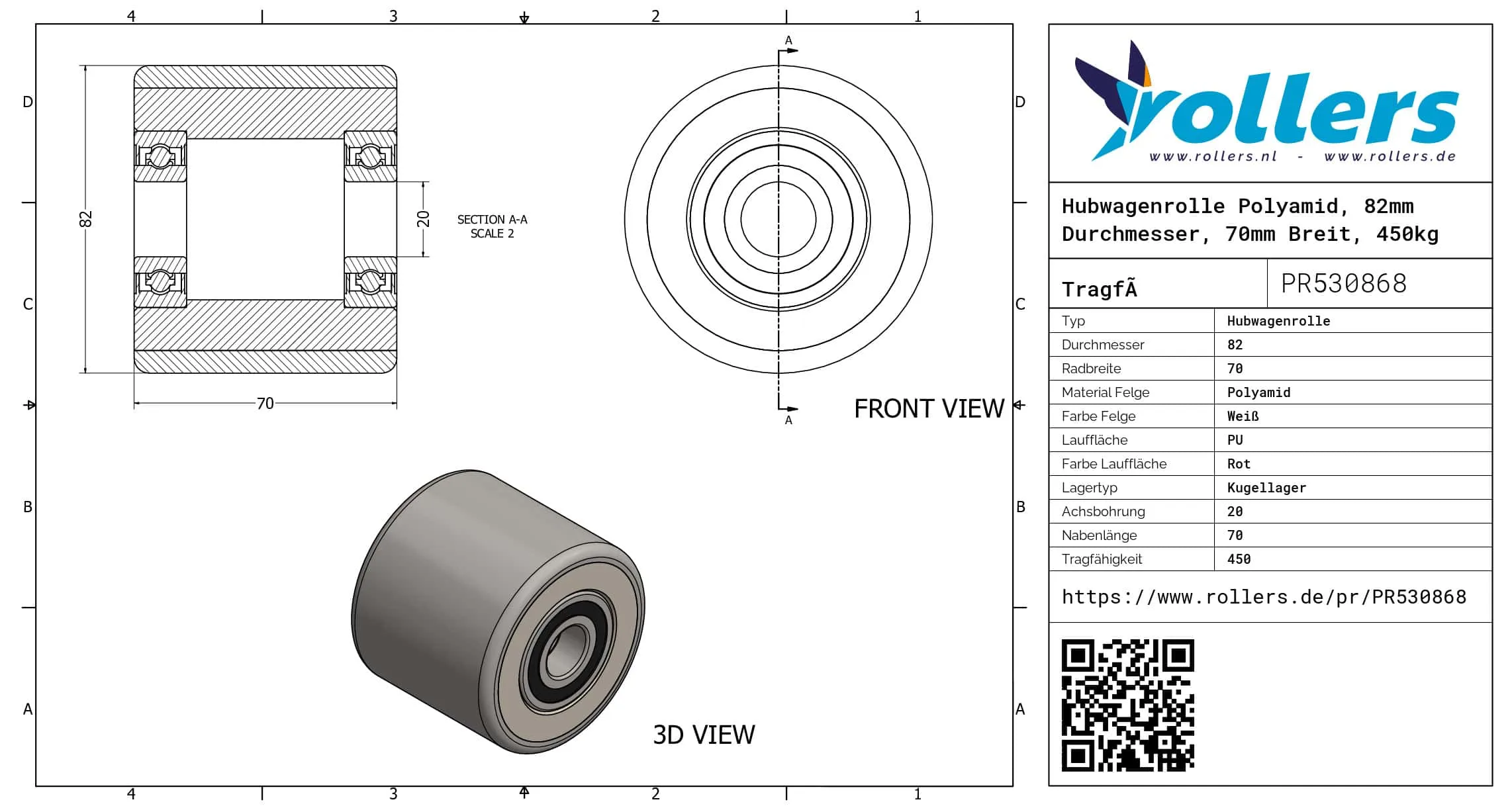 Hubwagenrolle Polyamid, 82mm Durchmesser, 70mm Breit, 450kg Tragfähigkeit – Bild 2